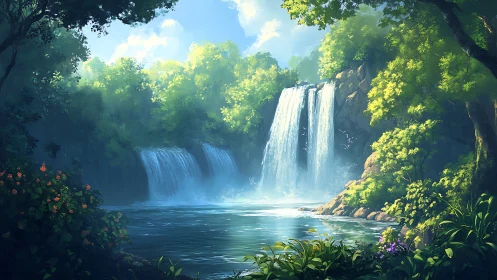 Sunlit twin waterfalls cascade into tranquil forest pool.