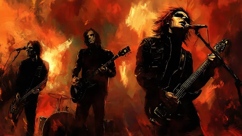 Rock band ignites a fiery stage in expressive digital art.