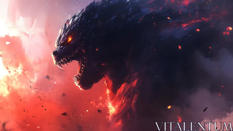 Colossal fire-lit kaiju roaring through infernal smoke clouds.