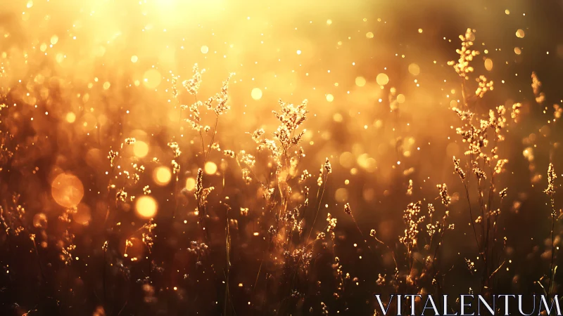 Backlit field grasses with suspended particles at sunset.