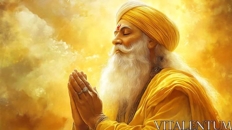 Elderly bearded guru in yellow robe praying in golden light