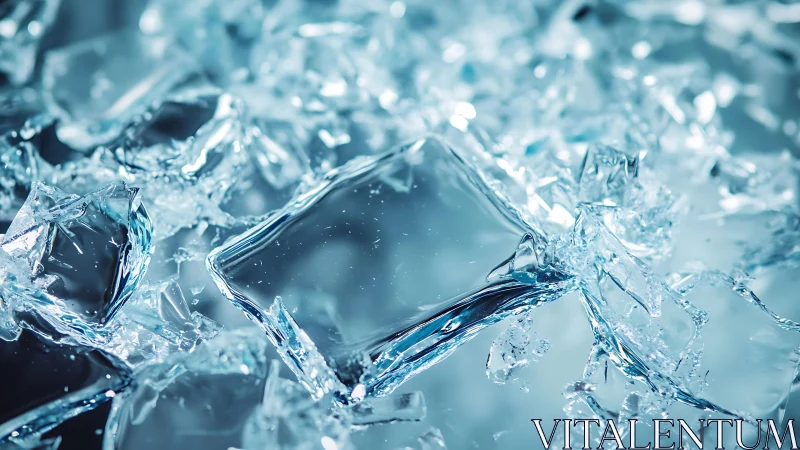 Close-up of Shattered Ice Cubes in Cool Blue Lighting, Abstract Style.