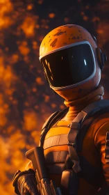 Orange armored astronaut soldier with rifle in fiery smoke.