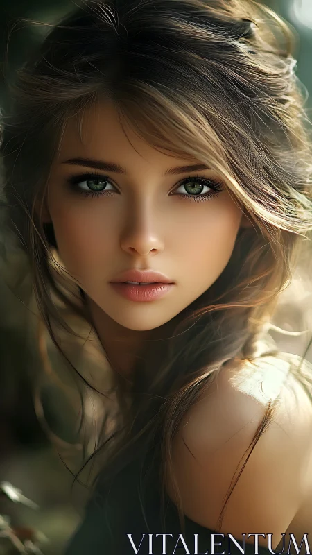 Ethereal young woman gazes ahead in soft forest light.