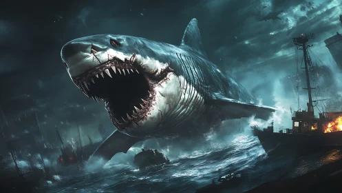 Giant mutant shark attacking ships in stormy ocean port.