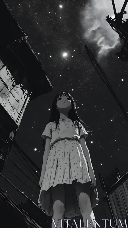 Anime girl under star filled night sky in dramatic low angle