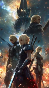 Armored swordsmen and dragon amid dispersed fiery debris.