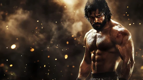 Battle-scarred muscular fighter in cinematic smoke and embers