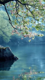 Photorealistic lakeside bough with reflective water surface study.