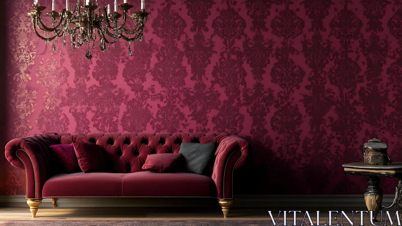 Plush burgundy sofa rests beneath ornate crystal chandelier.