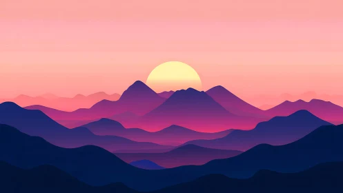 Gradient-layered mountain horizon with solar disc occlusion.