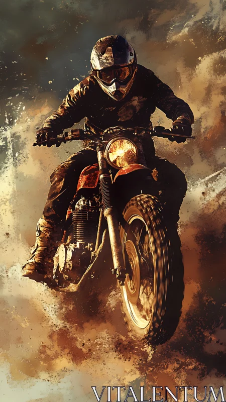 Dirt biker erupting through dust clouds in dynamic motion.