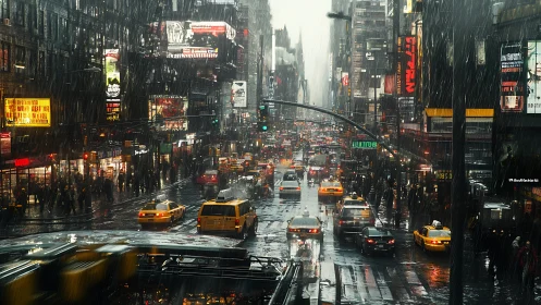Rain-soaked urban avenue with dense traffic and signage.