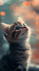 Kitten Gazing Upward Among Bokeh Lights.