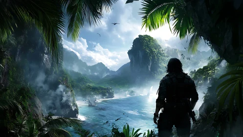 Silhouetted figure overlooks tropical coastal landscape with distant islands