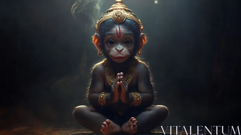 Divine baby monkey in ornate gold regalia under rim light.