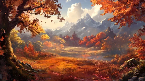 Autumn landscape with distant castle framed by seasonal foliage