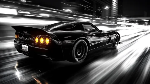 Sleek black sports car races through neon-lit city streets.