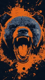 Roaring bear explodes through abstract orange paint splashes.