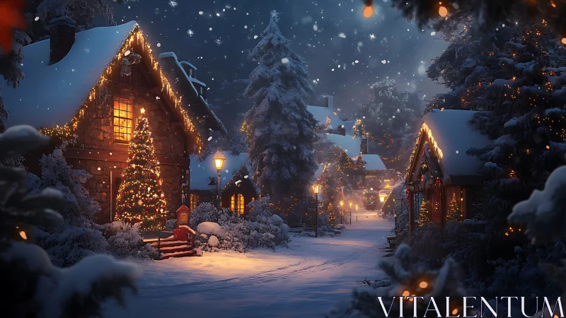 Snowlit Christmas village lane with glowing cottages at dusk.