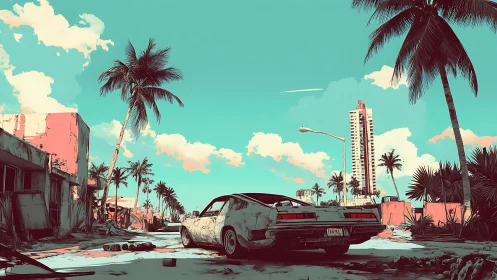 Deserted tropical street with wrecked car and towers.