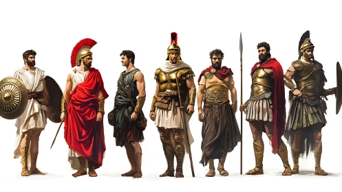 Lineup of ancient Greek warriors in varied armor styles.