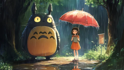 Girl and large forest creature stand in rain under umbrella