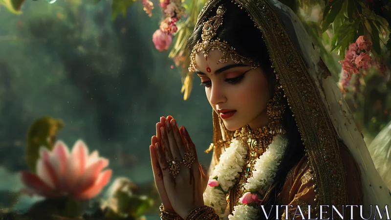 Devotional portrait of ornate bride amid lotus garden light.