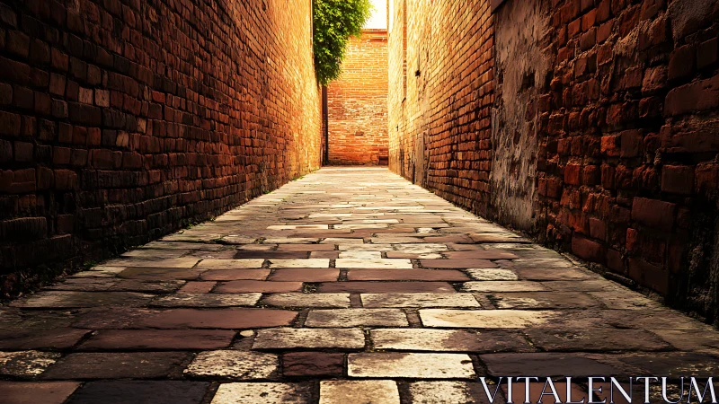 Sunlit brick alley with weathered stone paving perspective.
