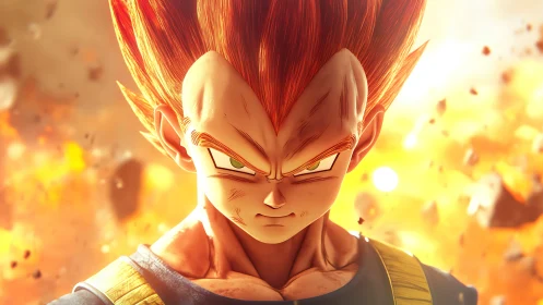 Anime warrior with spiked hair stands amid fiery explosion