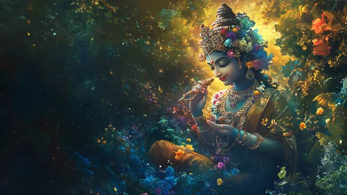 Divine blue deity in jeweled regalia amid luminous floral aura