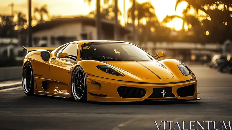 Yellow Ferrari sports car on urban street at sunset light.