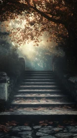 Stone stairway under dense foliage in diffused daylight.