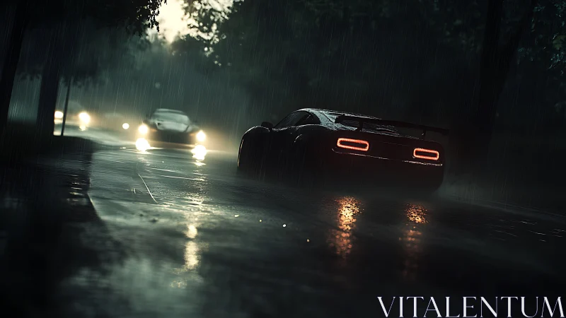 Rear car lights define wet nighttime urban roadway scene