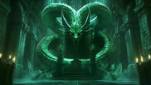 Emerald Hydra Dragon Coiled in Gothic Cathedral Throne Chamber.