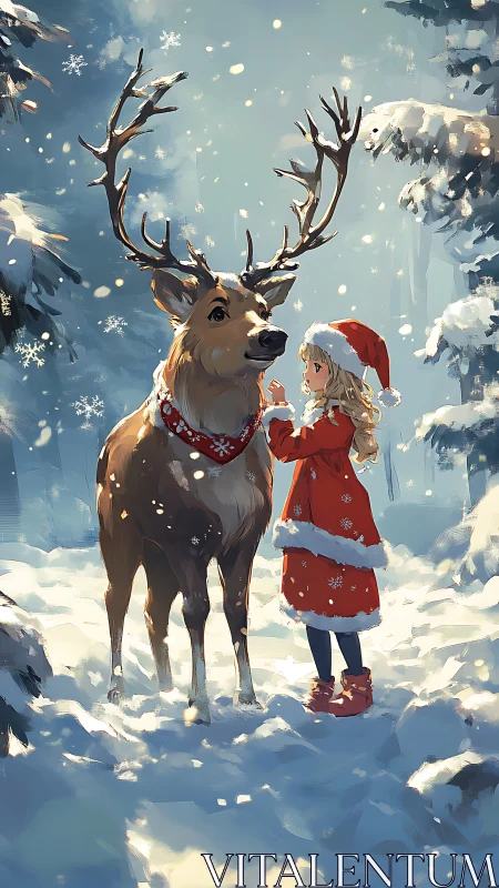 Girl in red coat meets gentle reindeer in snowy forest clearing