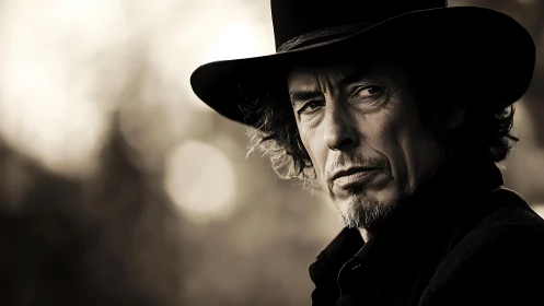 Cinematic monochrome portrait with hard side lighting and hat brim glow.