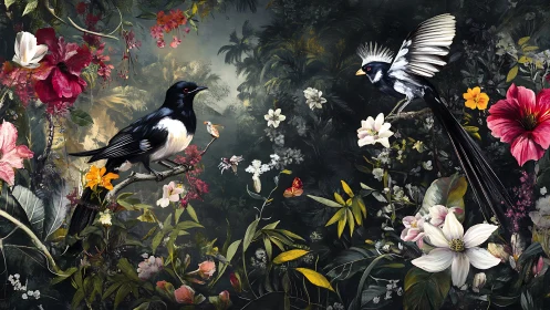 Two black and white birds perch in dense tropical flowers