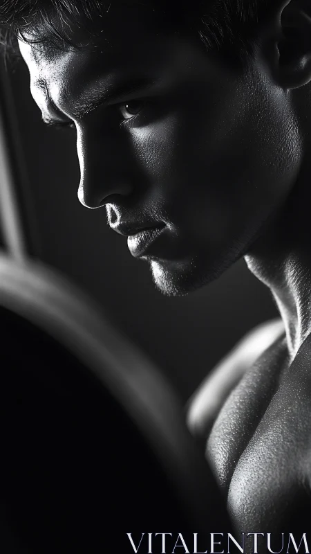 Moody black and white portrait of focused male profile.