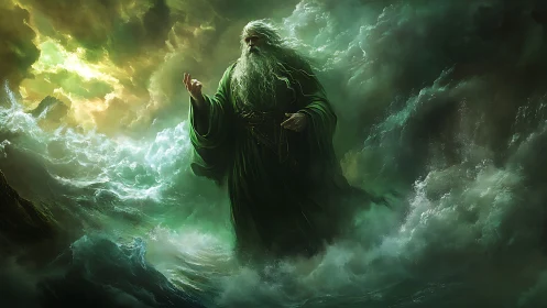 Storm deity in emerald robes commands turbulent oceanic cloudscape