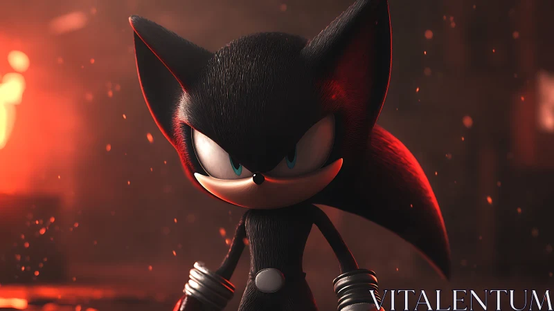 Black anthropomorphic hedgehog figure in glowing red light.
