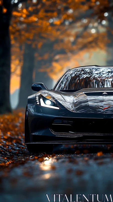 Sleek sports car gliding through a quiet golden forest road.