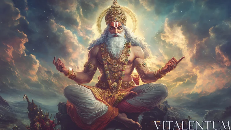 Divine sage figure seated in sky with glowing halo presence.