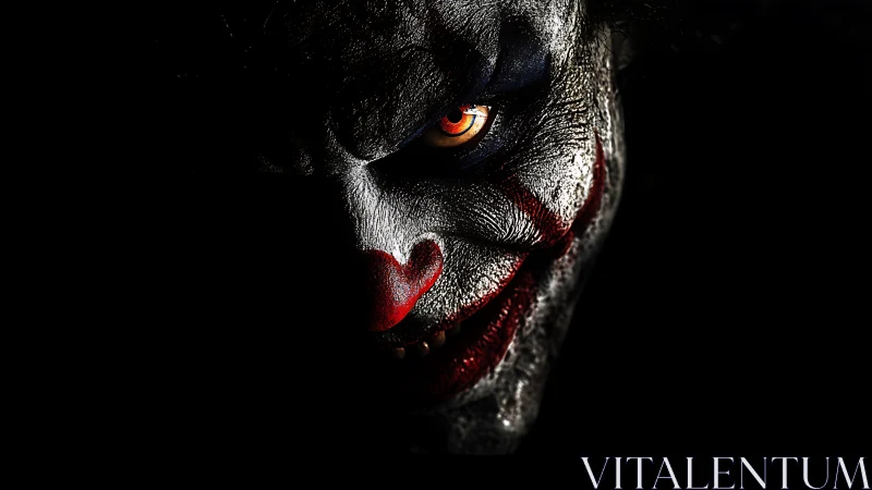 Photorealistic half-lit killer clown portrait in deep chiaroscuro.