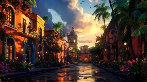 Sunlit colonial street renders saturated tropical dusk atmosphere