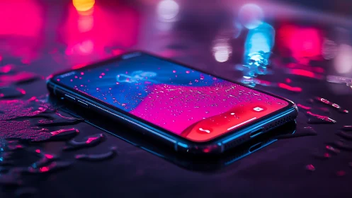 Neon-lit smartphone macro on wet reflective surface, cyberpunk styling.