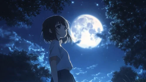 Moonlit anime girl under deep blue starry night sky.