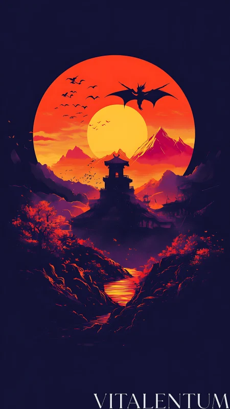 Dragon silhouettes circle temple under colossal crimson sun