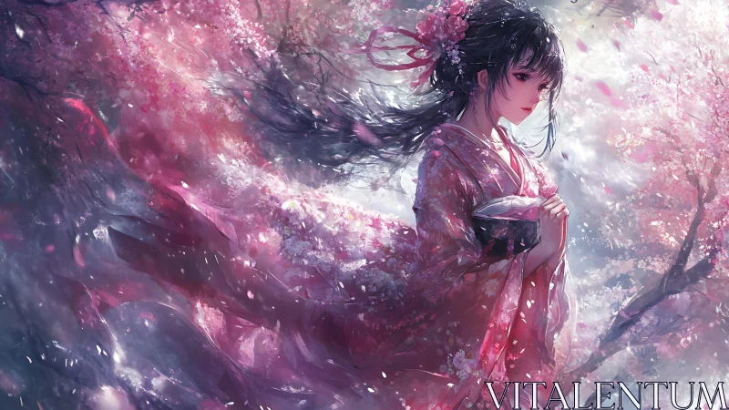 Sakura-illuminated kimono figure in dynamic atmospheric bloom.