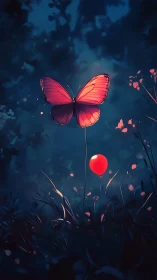Gentle night garden where red butterfly meets shy balloon.